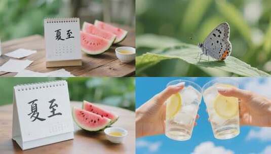 立夏夏至夏天夏日荷花西瓜蓝天白云阳光树叶高清在线视频素材下载