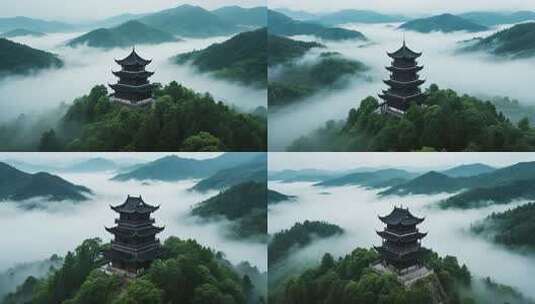 山林中式楼阁云雾环绕景象高清在线视频素材下载