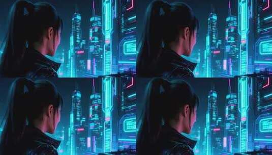 赛博朋克风女性眺望未来城市高清在线视频素材下载