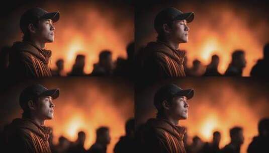 青年眺望人群燃烧的希望之火高清在线视频素材下载