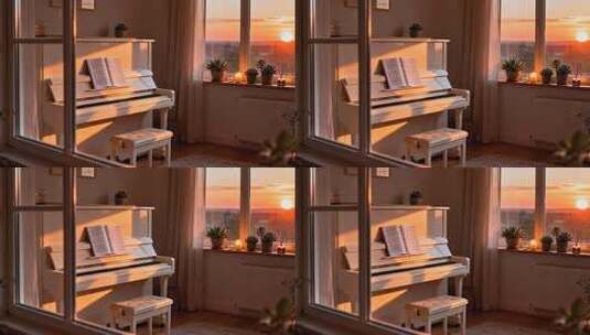 室内夕阳下的白色钢琴素材高清在线视频素材下载