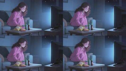 居家女子深夜看电视玩手机高清在线视频素材下载