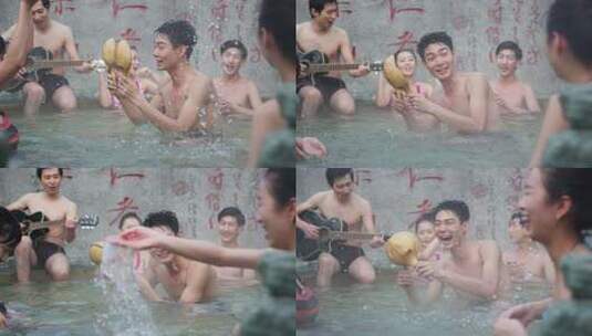 温泉中欢笑的年轻人们高清在线视频素材下载