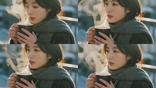 立冬女孩喝热饮温暖治愈生活视频高清在线视频素材下载