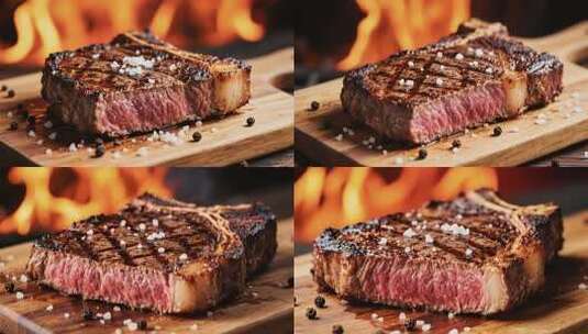 木板上的煎牛排特写高清在线视频素材下载