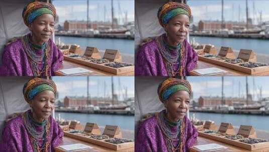 非洲传统服饰妇女于港口市场售卖工艺品高清在线视频素材下载