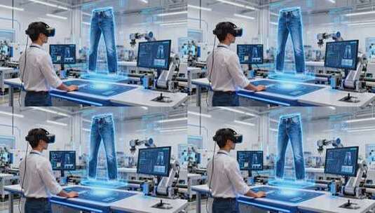 工人使用VR技术设计牛仔裤高清在线视频素材下载
