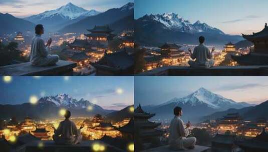 人于山间寺庙旁静坐冥想高清在线视频素材下载