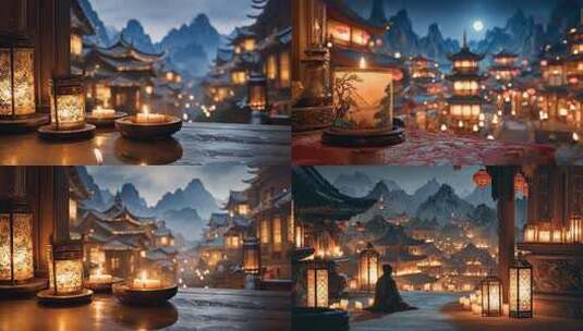 国风古镇夜景烛光禅意灯笼夜色大屏舞台背景高清在线视频素材下载