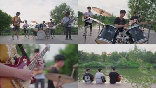 户外青年乐队演奏音乐高清在线视频素材下载