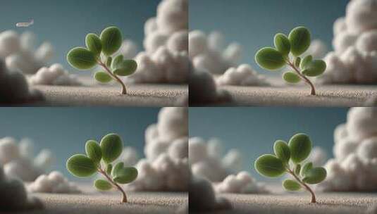 绿芽破土而出飞机划过天际高清在线视频素材下载