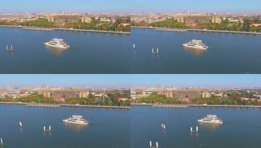 航拍滇池游船与海鸥高清在线视频素材下载