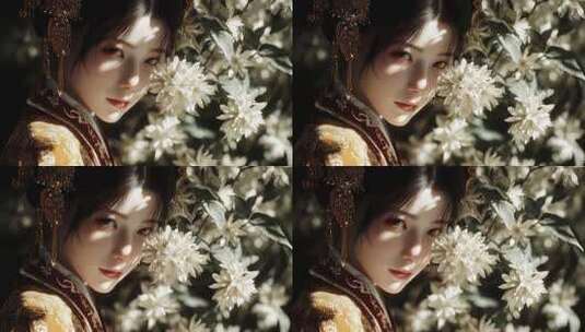 唐朝仕女轻倚花丛间尽显古典之美高清在线视频素材下载