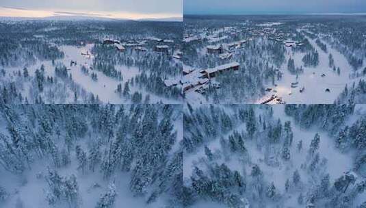 北欧芬兰冬季欧洲雪景看极光罗瓦涅米航拍高清在线视频素材下载