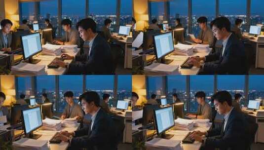 白领团队深夜加班奋斗商务办公场景高清在线视频素材下载