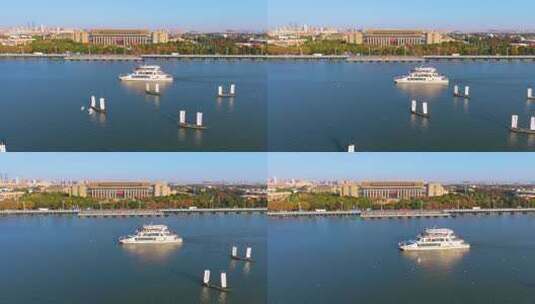 航拍滇池游船与海鸥高清在线视频素材下载