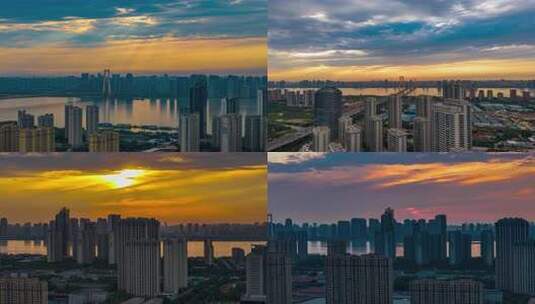 长江城市雨后日落晚霞航拍延时高清在线视频素材下载