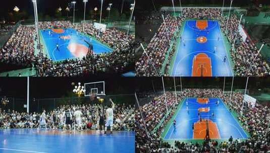 夜间篮球场比赛俯拍画面高清在线视频素材下载