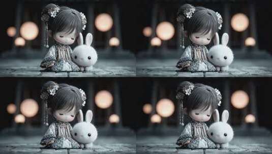 恬静少女与萌兔相伴在灯笼下的美好瞬间高清在线视频素材下载