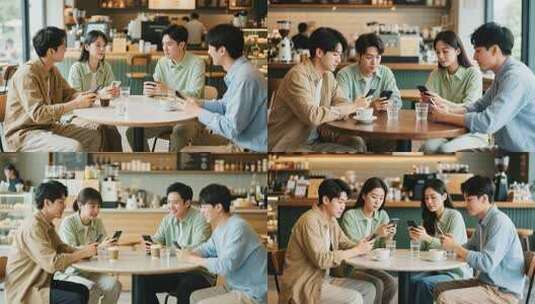 年轻人咖啡馆聚会玩手机聊天高清在线视频素材下载