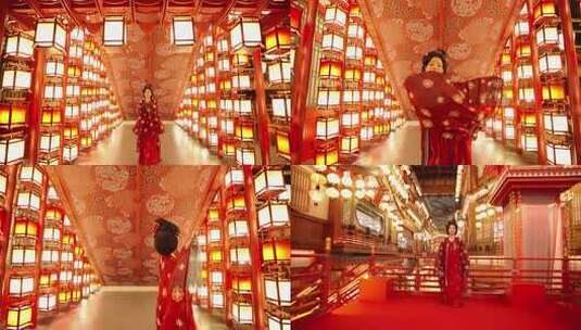 古装女子于灯笼间舞动衣袖高清在线视频素材下载