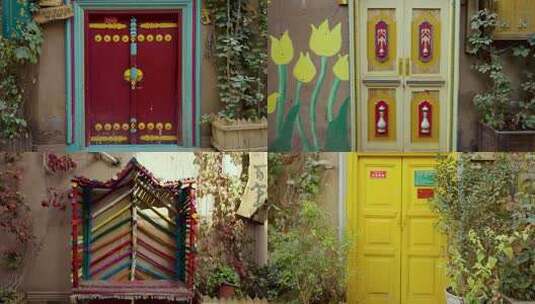 新疆喀什特色五颜六色各式各样的门推进旅拍高清在线视频素材下载