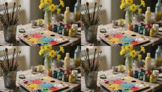 绘画工具与颜料摆放场景高清在线视频素材下载