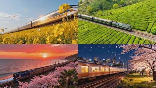 开往春天的列车 列车穿梭于樱花盛开的季节高清在线视频素材下载