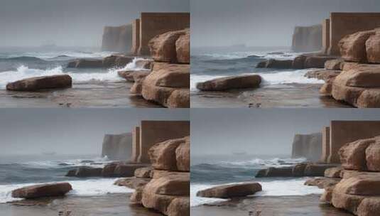 雾色海岸古船航行波涛汹涌高清在线视频素材下载