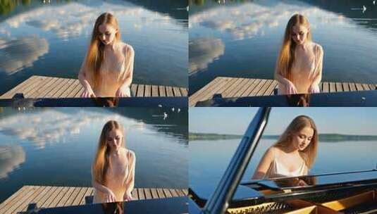 湖畔女子钢琴弹奏高清在线视频素材下载