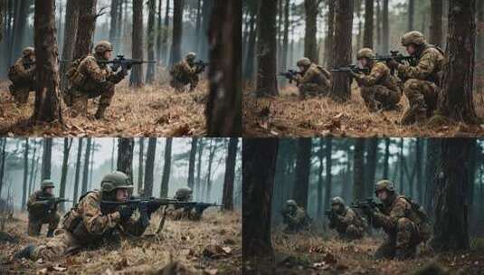 森林中士兵持枪作战素材高清在线视频素材下载