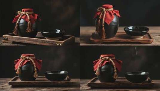 酒坛与碗置于木托盘上高清在线视频素材下载