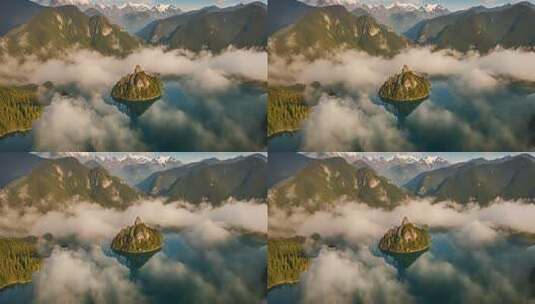 空中俯瞰山林湖泊云海景观高清在线视频素材下载