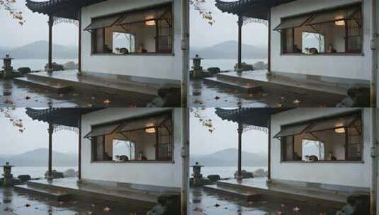 苏州立秋雨天亭子猫咪禅意风景视频高清在线视频素材下载