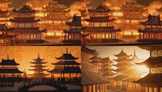 古风建筑群落夕阳剪影 中国风楼阁建筑背景高清在线视频素材下载