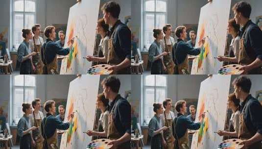 艺术家工作室集体绘画场景高清在线视频素材下载