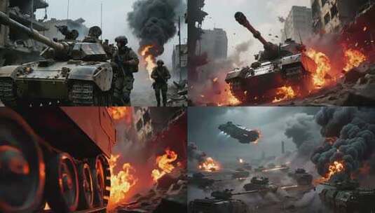 城市废墟中士兵与坦克画面高清在线视频素材下载