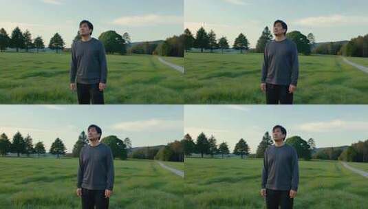 男子站立于绿色草地眺望远方高清在线视频素材下载