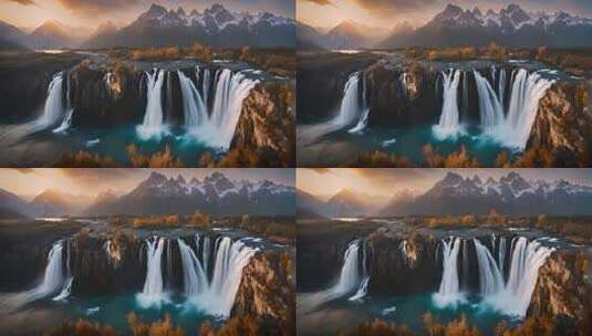 壮丽瀑布与雪山自然风光高清在线视频素材下载