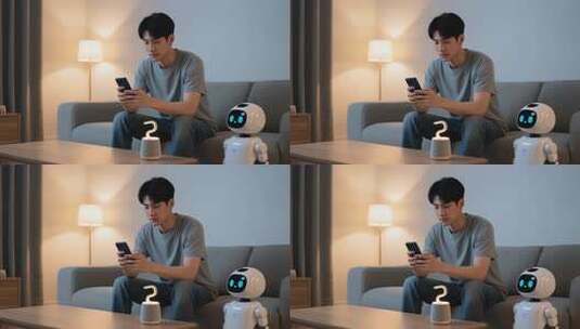 居家男子沙发上玩手机与机器人相伴高清在线视频素材下载