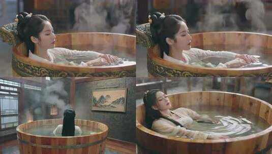古风女子木桶沐浴高清在线视频素材下载