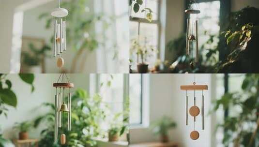 室内与室外风铃装饰的诗意空间高清在线视频素材下载