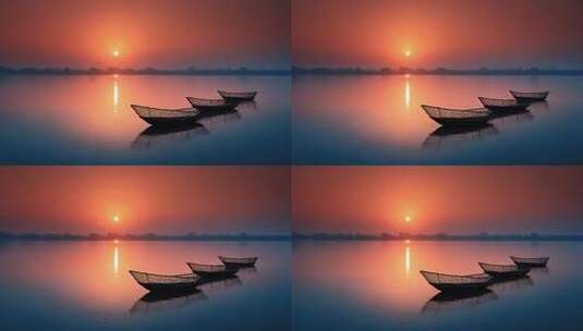 静谧湖面渔船剪影映衬唯美日落高清在线视频素材下载