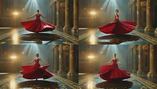 穿红裙舞者在大厅起舞高清在线视频素材下载