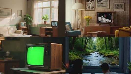 复古客厅电视播放太空画面高清在线视频素材下载