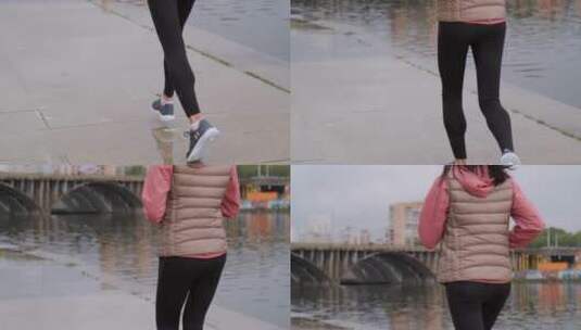 女性在江边慢跑高清在线视频素材下载