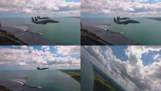 战斗机并排飞行在海上高清在线视频素材下载