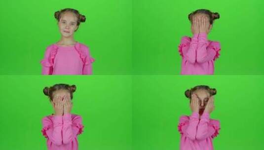 女孩在绿幕前表现出不同的情绪高清在线视频素材下载