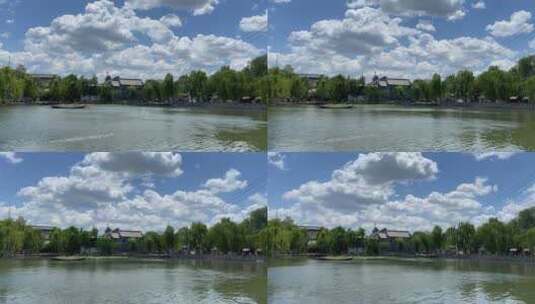 济南百花洲延时摄影，蓝天白云下的湖面高清在线视频素材下载