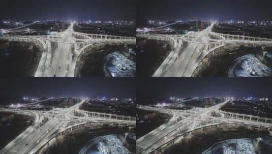 鸟瞰杭州滨江时代大道高架中兴立交夜景高清在线视频素材下载
